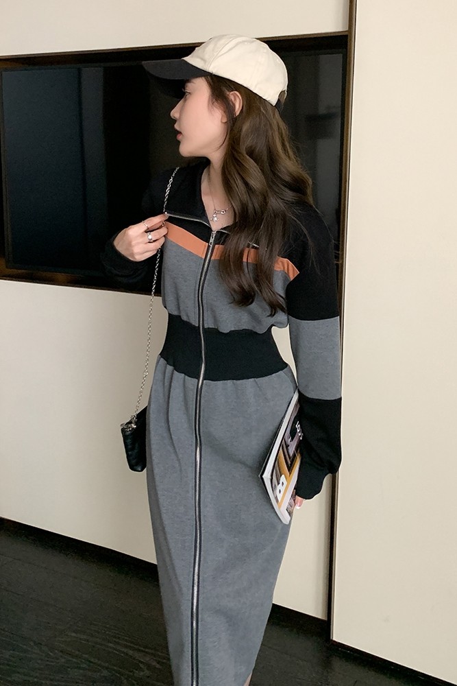 秋冬新款修身显瘦撞色针织连衣裙长袖内搭打底裙,女装连衣裙,韩秀