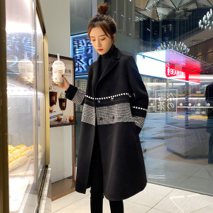 现货 时尚格子拼接中长款毛呢大衣显瘦外套图片