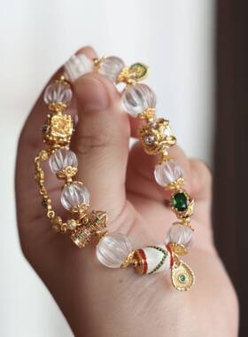 天然白水晶南瓜珠搭配纯铜醒狮桶珠金刚杵方珠手链时尚配饰品手串