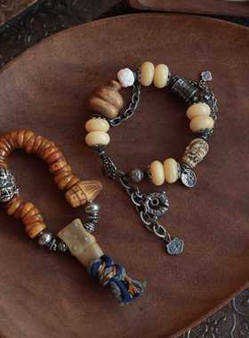 驼骨大肠纯铜大黑天驼骨盘珠鹿角根付葫芦牛骨扎基三七银配饰手链