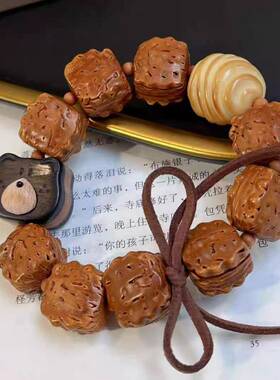 原创桃核饼干手链搭配黑檀拼接熊头象牙果面包文玩佛珠手串礼物