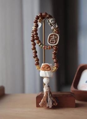 原创库克大肠手链搭配鹿角根付幽灵猫牛骨小熊文玩佛珠挂饰