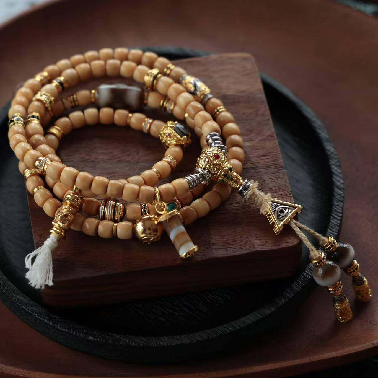 原创设计自然龙脊菩提老108型与纯铜配件Dzi珠