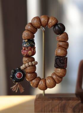 原创桃核大肠搭配象牙果招财猫钱袋黑檀猫爪紫檀元宝南瓜珠手串