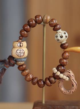 库克糖豆搭配鹿角根付葫芦牛骨卡子五眼六通桃核葫芦文玩手链饰品