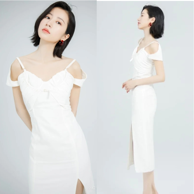 daltt明星周雨彤同款衣服白色连衣裙吊带露肩开叉裙子