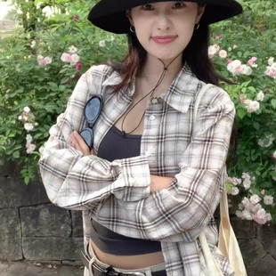 落肩设计感薄款 DALTT 女早秋新款 衬衫 防晒衬衣 慵懒风全棉格纹长袖