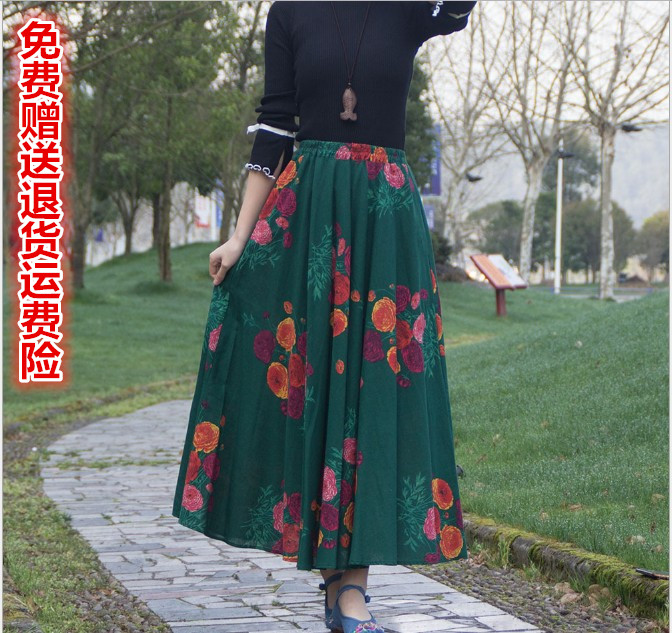 百搭亚麻复古风大摆碎花半身裙