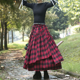 春秋冬新款民族风不规则下摆棉布格子半身裙棉麻跳舞舞蹈女大摆裙