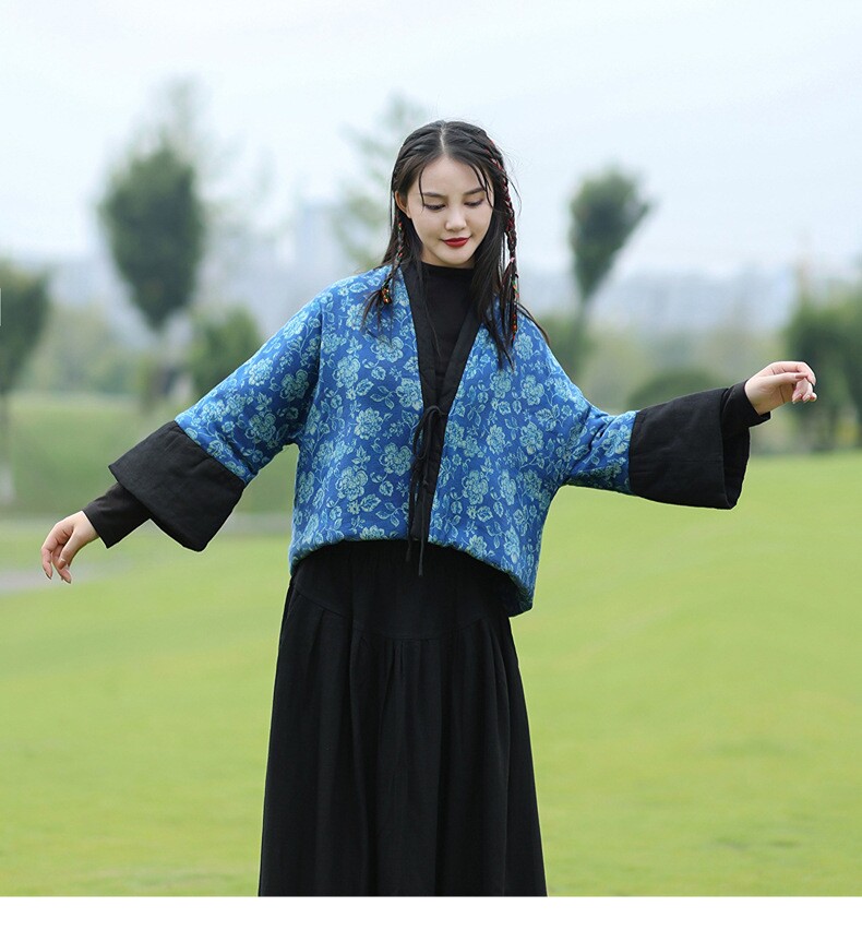 新中式复古加厚蓝色印花拼接短棉服女落肩袖宽松气质斗篷保暖外套