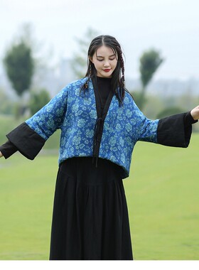 新中式复古加厚蓝色印花拼接短棉服女落肩袖宽松气质斗篷保暖外套