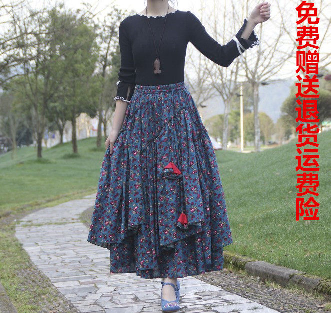 民族风小碎花棉麻松紧腰围半身裙
