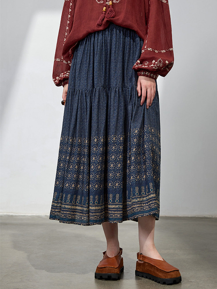 民族风复古印花半身裙女春夏季新款宽松腰显瘦遮肚子大摆裙伞裙棉