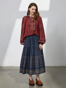 复古蓝色印花a字半身裙女2026春夏新款大码胖mm显瘦遮肚大摆长裙