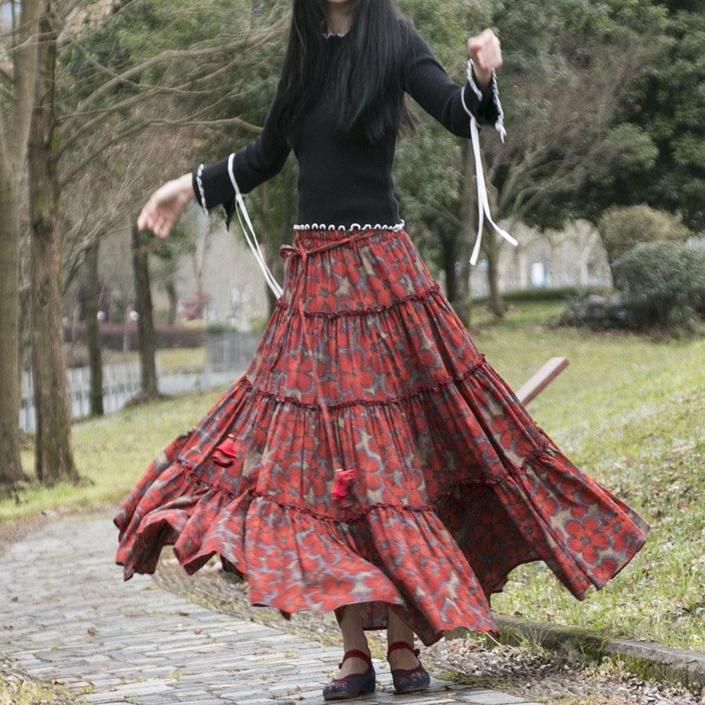 春夏秋薄印花棉麻半身裙