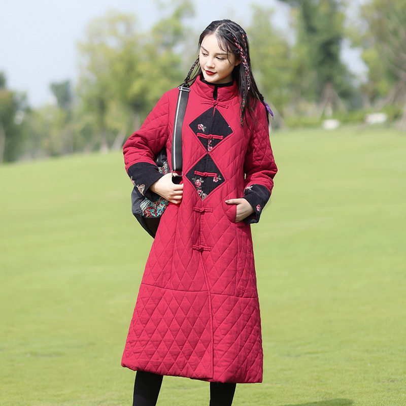 秋冬新款女装新款民族风中式复古唐装棉袄女中长款拼接棉衣潮