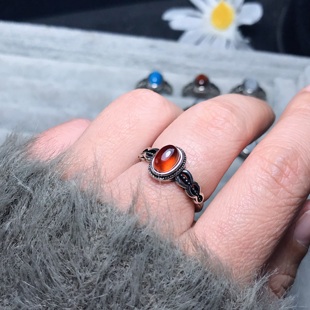 A066天然石榴石蓝磷灰彼得石可调节白铜托6*8非纯银戒指YX成品