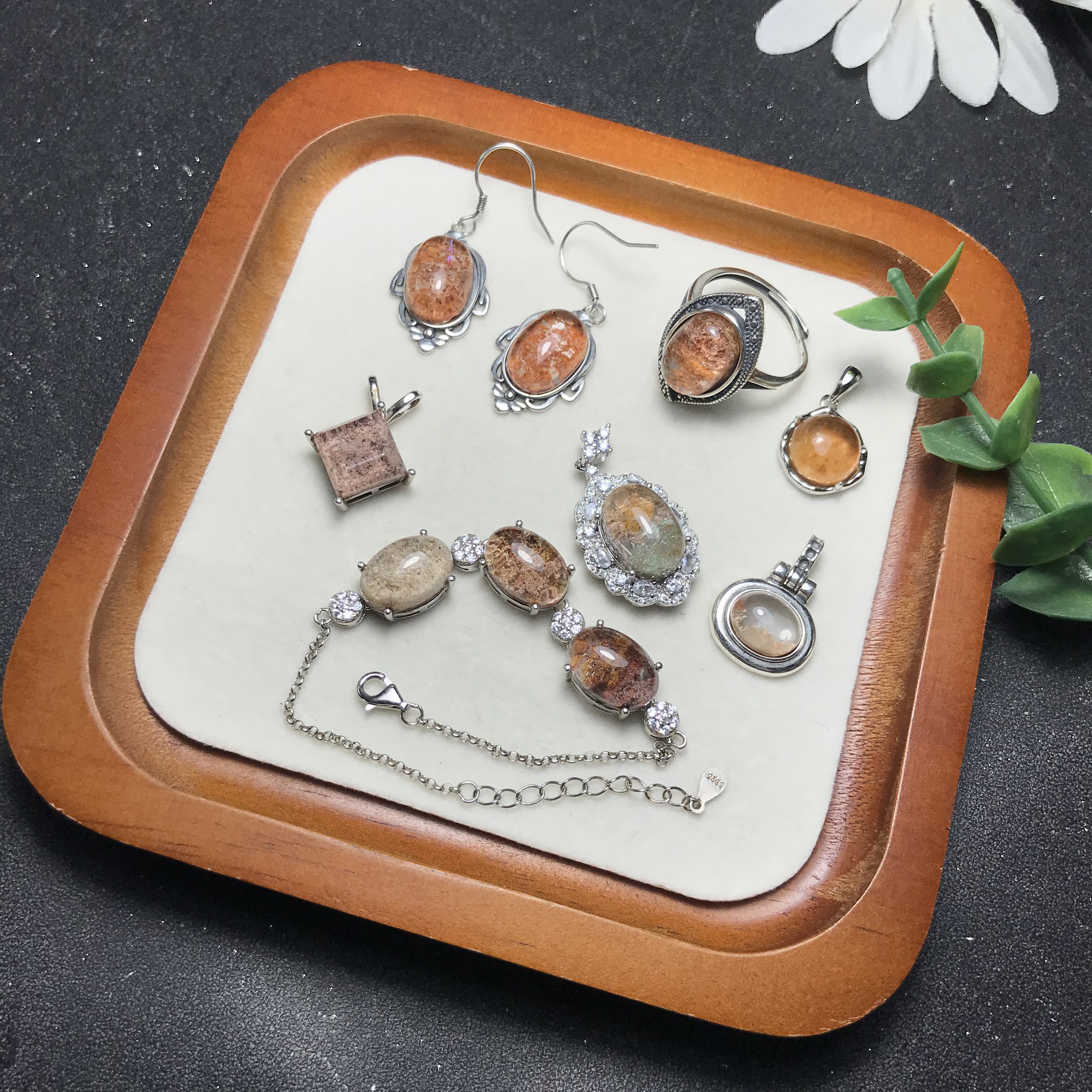 #s925银新品天然彩幽灵镶嵌成品红黄幽灵戒指/吊坠/耳钉耳钩/手链