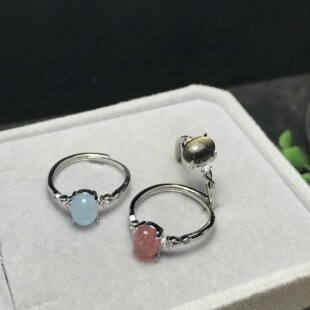 A075天然海蓝宝金曜6*8宝石戒指活口可调节白铜托非纯银托ZC成品