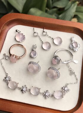 #s925银新品天然星光粉晶蛋面镶嵌成品戒指/吊坠/耳钉/手链/套链
