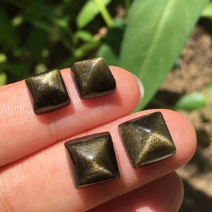 糖塔！天然金/银曜石方形戒面裸石镶嵌绕线戒面吊坠耳钉猫眼金线