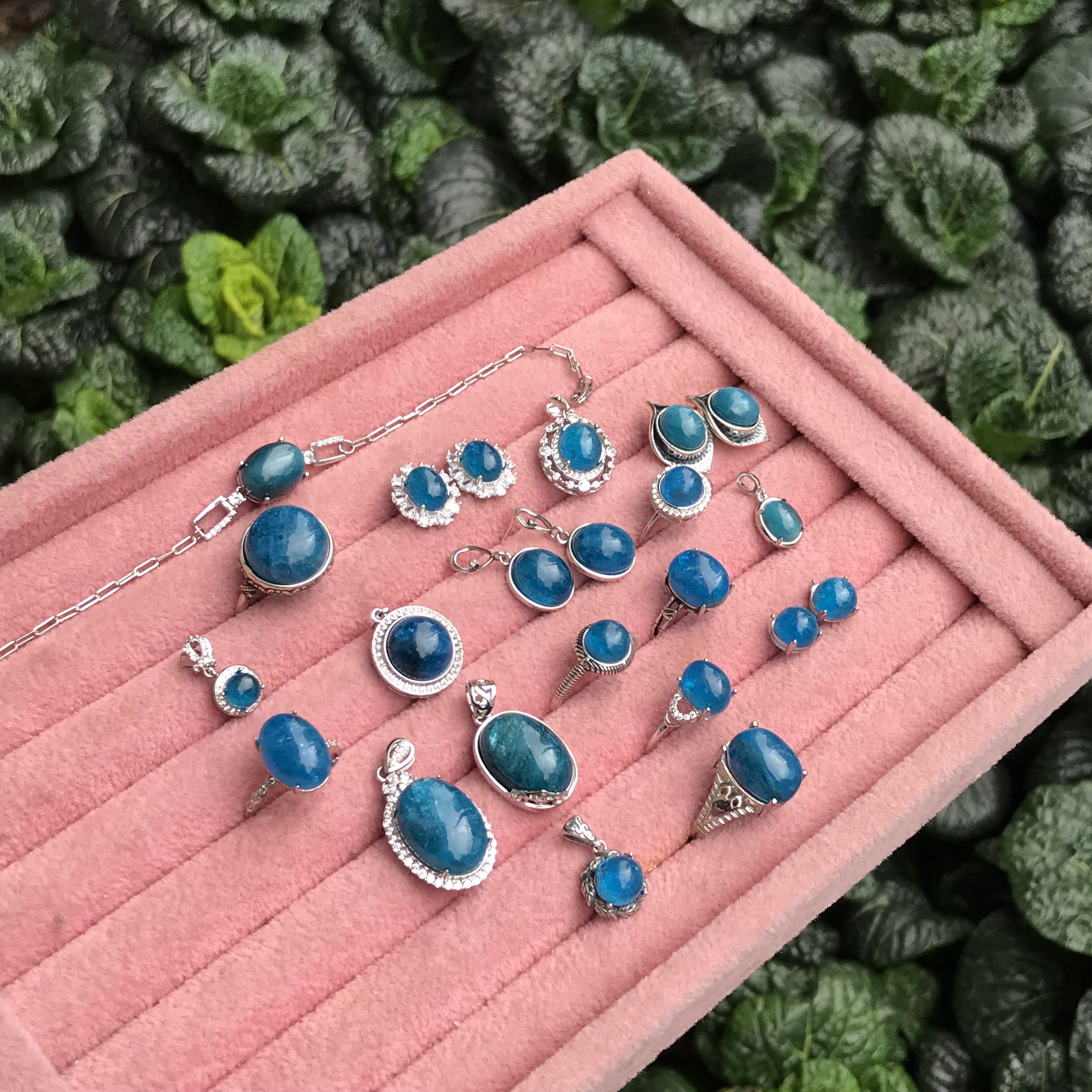 #s925银天新品天然棉裂体蓝磷灰镶嵌成品戒指/吊坠/耳钉耳钩/手链