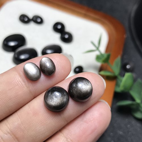 耳钉料！天然银曜石戒面裸石