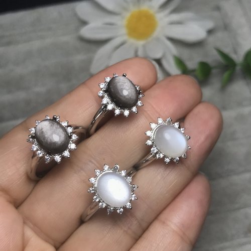 A010天然银曜石/星辉月光石戒指活口可调节铜托8*10非纯银戒指YX