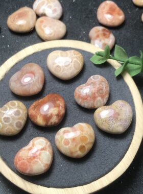 天然珊瑚玉菊花玉双面爱心（通孔）配件裸石镶嵌绕线吊坠挂饰DIY