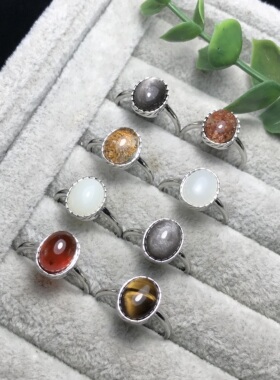 A072天然白玉/幽灵8*10宝石戒指活口可调节白铜托非纯银托ZC成品