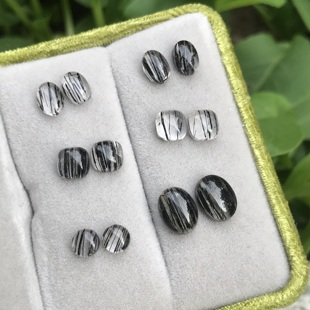 耳钉料！天然黑发晶椭圆形/方形戒面裸石水晶可镶嵌绕线编绳耳钉