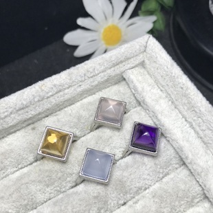 A020天然粉晶/蓝玉髓方形戒指可调节白铜托主石10mm非纯银戒指ZC