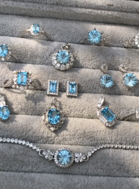 #s925银新品天然瑞士蓝托帕石刻面宝石镶嵌戒指吊坠耳钉耳钩手链