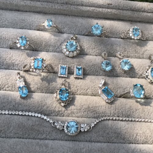 #s925银新品天然瑞士蓝托帕石刻面宝石镶嵌成品戒指吊坠耳钉手链