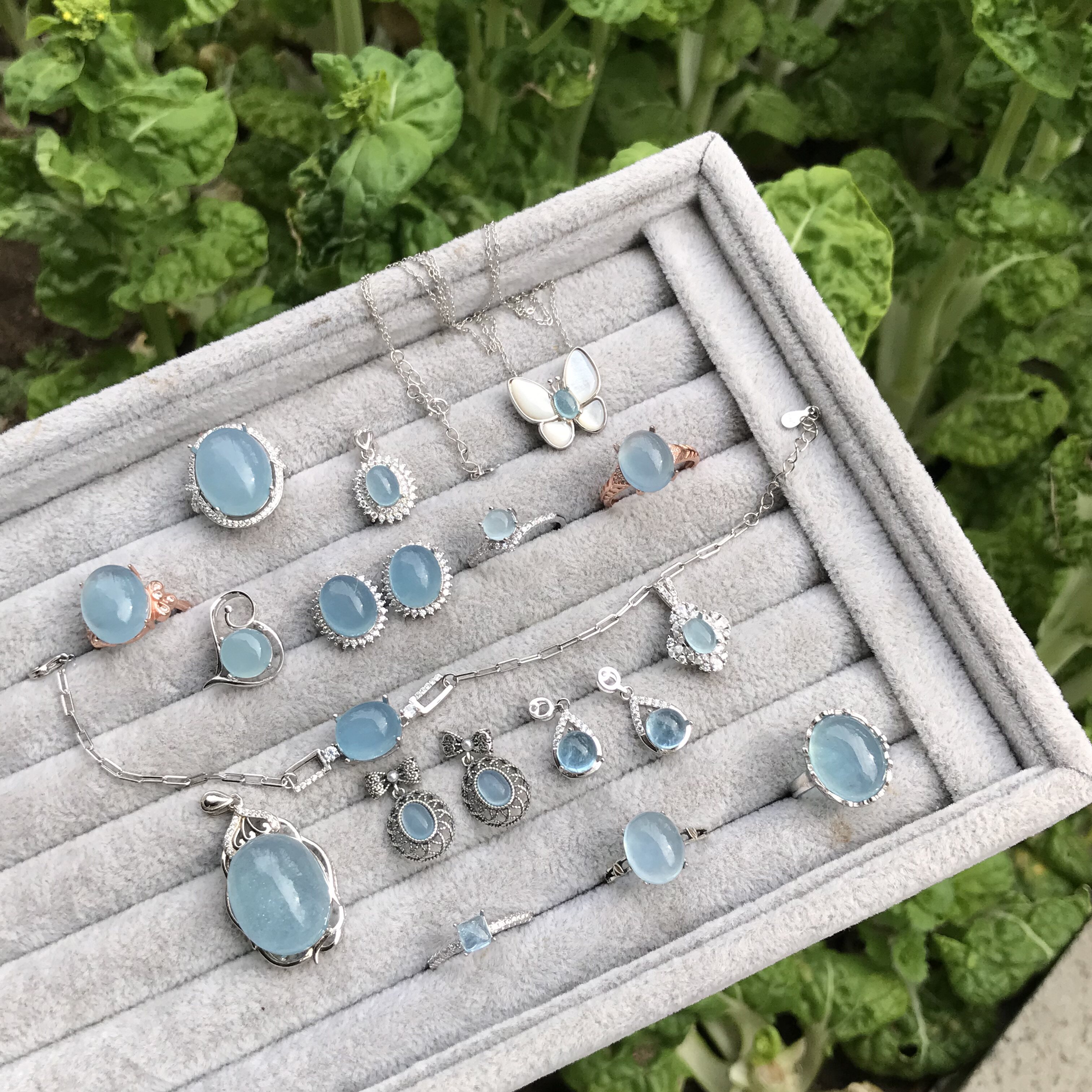 #s925银新品棉裂体天然海蓝宝镶嵌成品戒指/吊坠/耳钉耳勾手链等