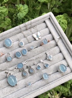 #s925银新品棉裂体天然海蓝宝镶嵌成品戒指/吊坠/耳钉耳勾手链等