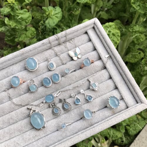 #s925银新品棉裂体天然海蓝宝镶嵌成品戒指/吊坠/耳钉耳勾手链等
