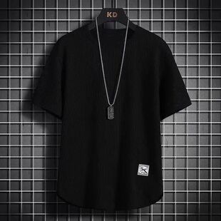 华夫格冰丝弧形上衣男夏季薄款男生短袖T恤宽松大码透气运动体恤