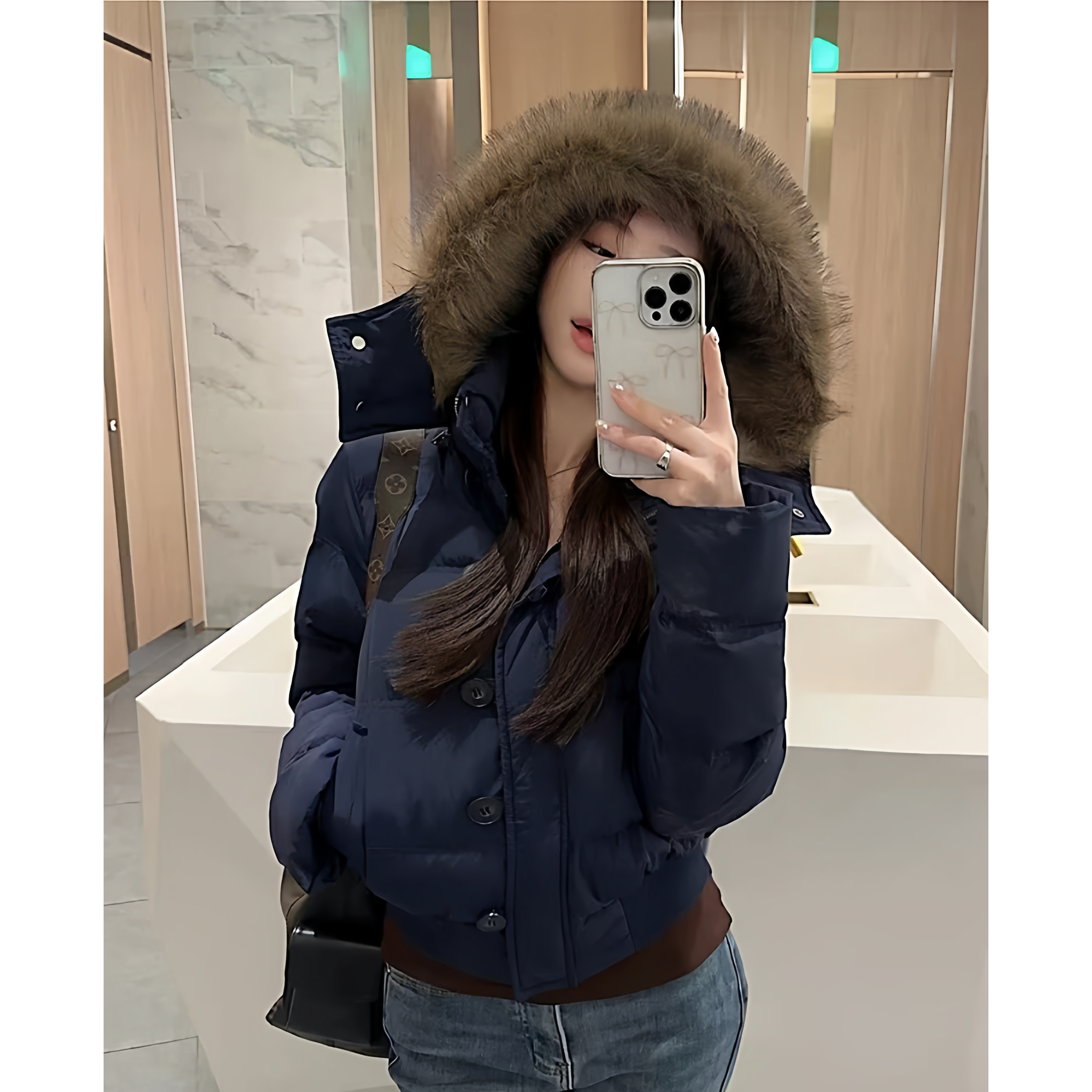 南区菲奥娜藏青色毛领连帽棉衣