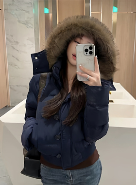 南区菲奥娜藏青色棉衣女毛领连帽新款宽松百搭高级感保暖棉服外套