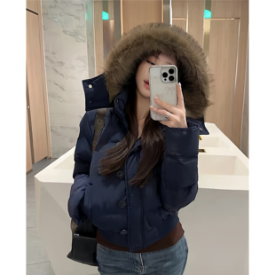 南区菲奥娜藏青色棉衣女毛领连帽新款 宽松百搭高级感保暖棉服外套