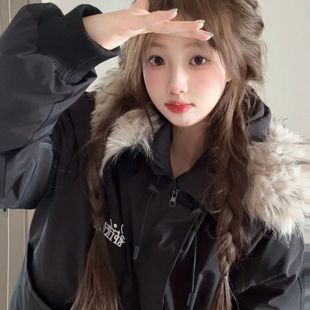 美式 加厚保暖棉衣外套潮 复古灰色派克服毛领拼接连帽棉服2025冬季