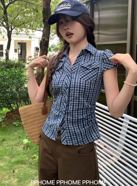 PPHOME自制~美式复古格纹polo领短袖衬衫女夏季蓝色收腰衬衣上衣