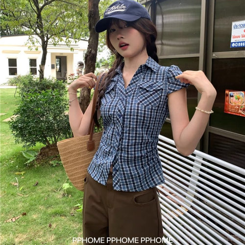 PPHOME自制~美式复古格纹polo领短袖衬衫女夏季蓝色收腰衬衣上衣