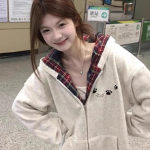 美式高街初中生格纹连帽开衫卫衣女春秋季宽松设计感小众拉链外套