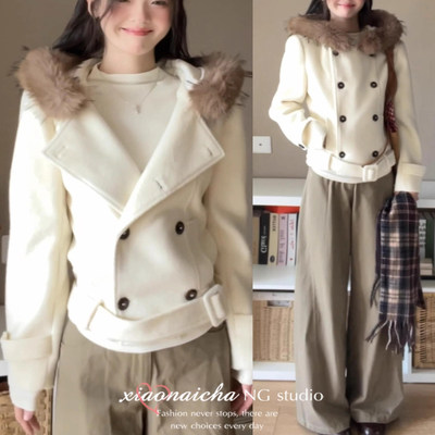 美式复古毛领连帽毛呢外套女冬季2025新款设计感系带收腰短款大衣