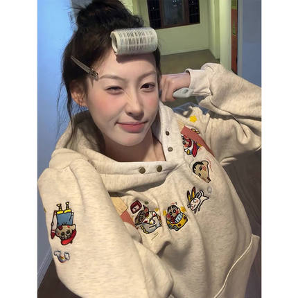 美式复古卡通刺绣纽扣连帽卫衣女秋冬加绒加厚趣味设计感小众上衣