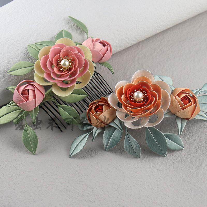 手工diy玫瑰山茶缠花材料包发梳子古风发饰品汉服头饰送详细教程