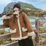 美拉德咖色立领皮毛一体羊羔毛厚外套女秋冬巨好看高级感加绒棉服，女装短外套，2B110