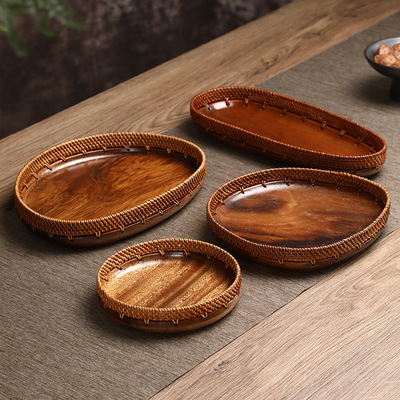 日式藤编手工漆黑胡桃木果盘茶盘